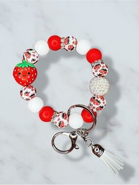 Strawberry Beaded Wristlet Keychain with Tassel